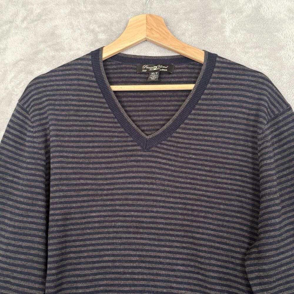 Pronto Uomo Mens Size XLT Sweater Striped Wool Blend V Neck Elbow Patch